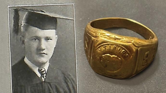 1927 trinity university class ring juxtaposed next to yearbook photo of jay gamel from 1927