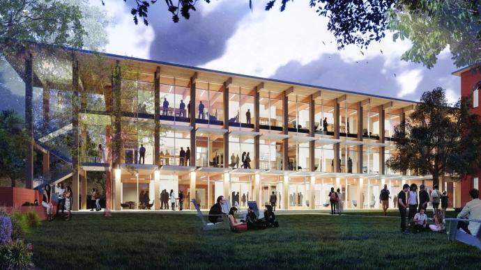 a rendering shows an evening view of the southeast side of Dicke Hall