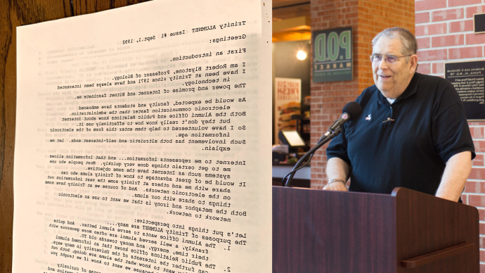 A collage of two pictures; left: Bob Blystone, Ph.D. speaks at a podium; right: a printed copy of the first issue of AlumNet