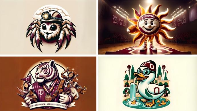 由四个人工智能生成的三位一体吉祥物拼贴而成, 从左到右:太阳, 蜘蛛, 鸭, 和老虎.