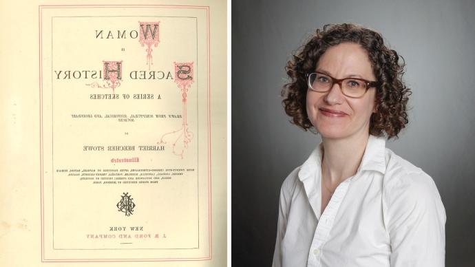 a collage of a headshot of 克劳迪娅·斯托克斯 (left) and a scan of the title page of Harriet Beecher Stowe's book Woman in Sacred History (right)