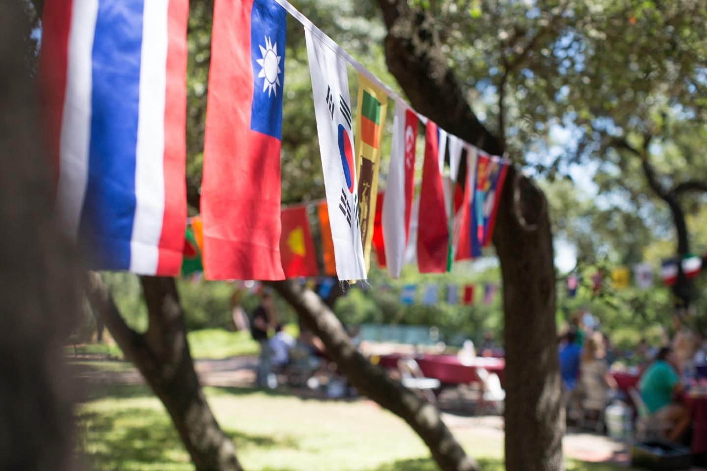 small flags hang on a line between two trees