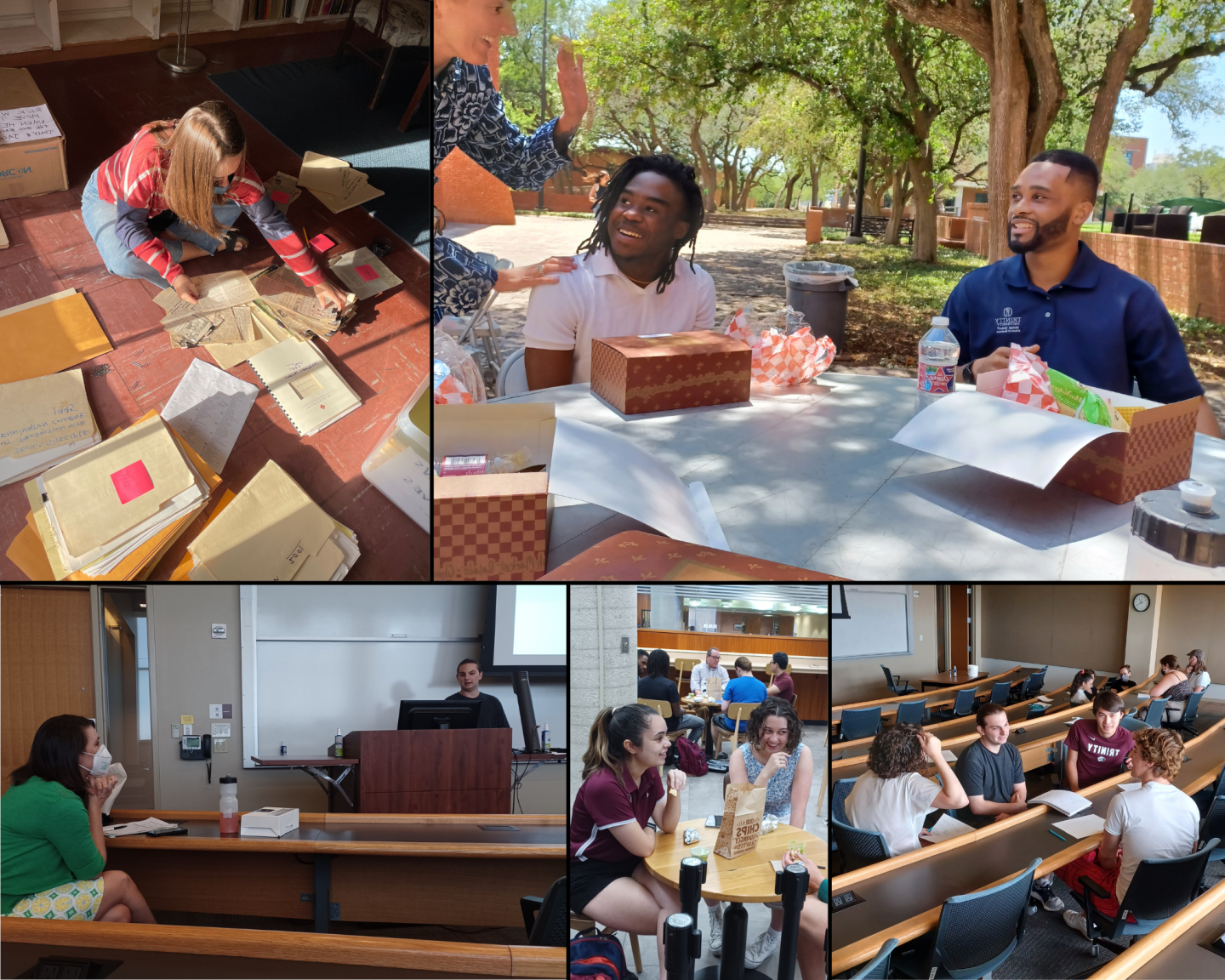 Collage of photos of students and faculty working together in small groups